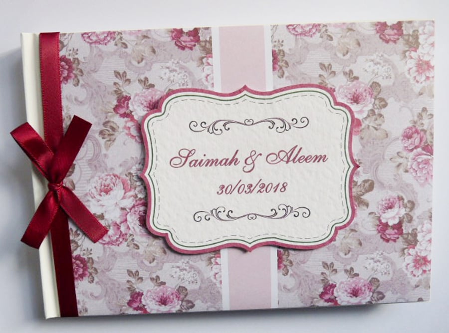 Vintage floral wedding guest book, pink and berry red wedding book, gift