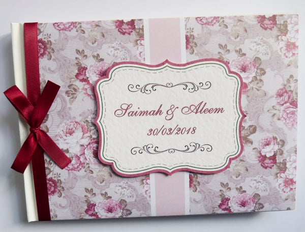 Vintage floral wedding guest book, pink and berry red wedding book, gift