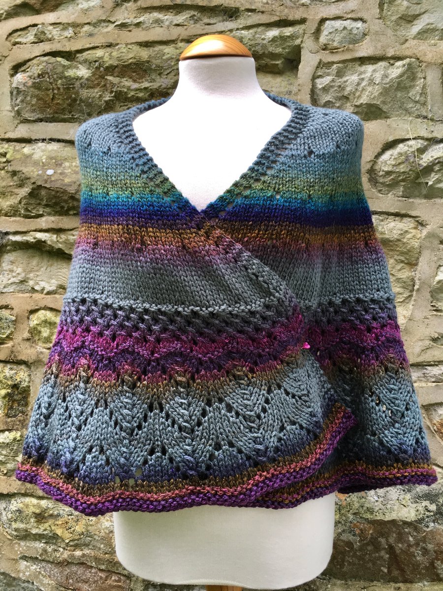 Hand knitted Crescent Shawl in Jewel colours 