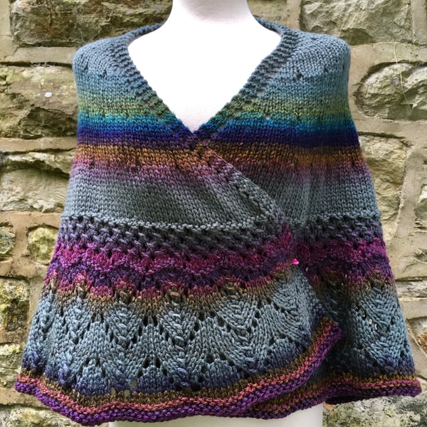 Hand knitted Crescent Shawl in Jewel colours 