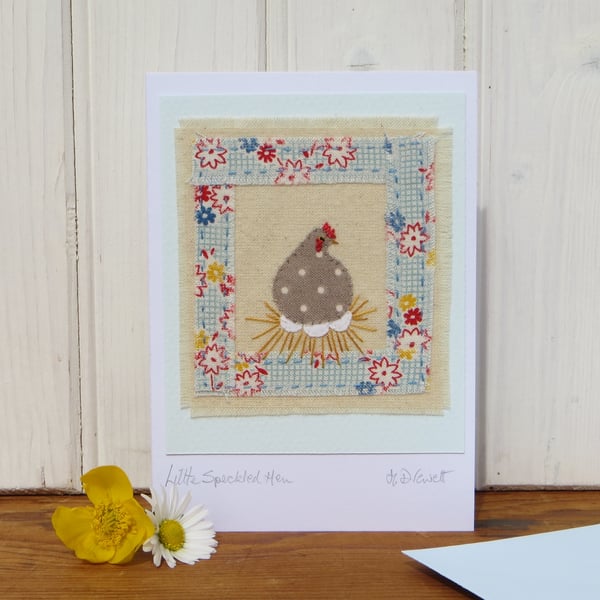 Little Speckled Hen, hand-stitched card pretty fabric border embroidered details
