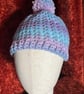 Pink, Purple, Turquoise Shades Fun Crocheted Hat with detachable Pom-pom - Image 3