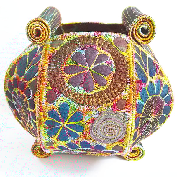 Textile Art Bowl with Spiral Handles and Feet