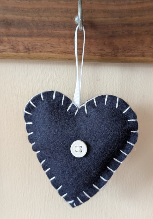 Handmade handstitched felt heart - navy with white stitching