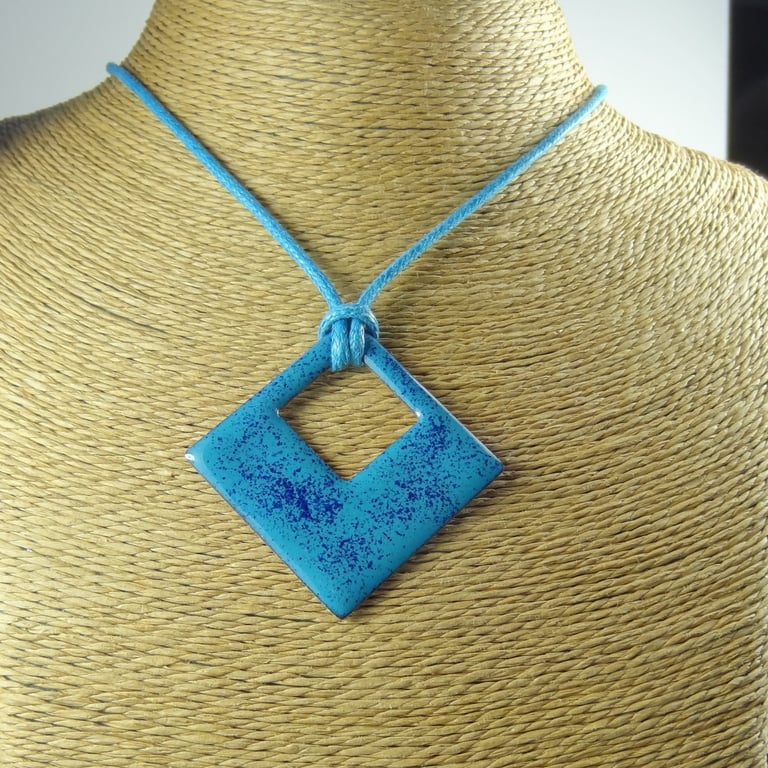 Blue speckled glass enamelled copper rhombus pendant cotton cord 39x17mm (0074)