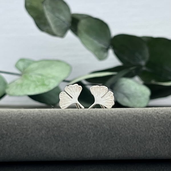 Handmade Sterling Silver Ginko Leaf Stud Earrings