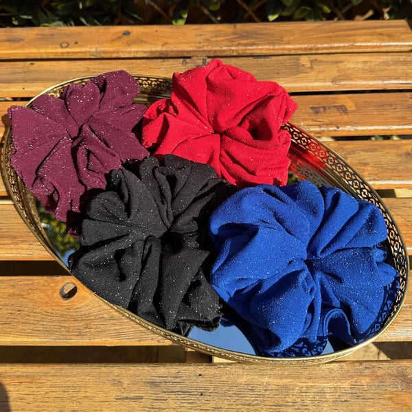 Disco Party Sparkle Scrunchies, Silver Metallic Glitter Oversized XXL Scrunchies