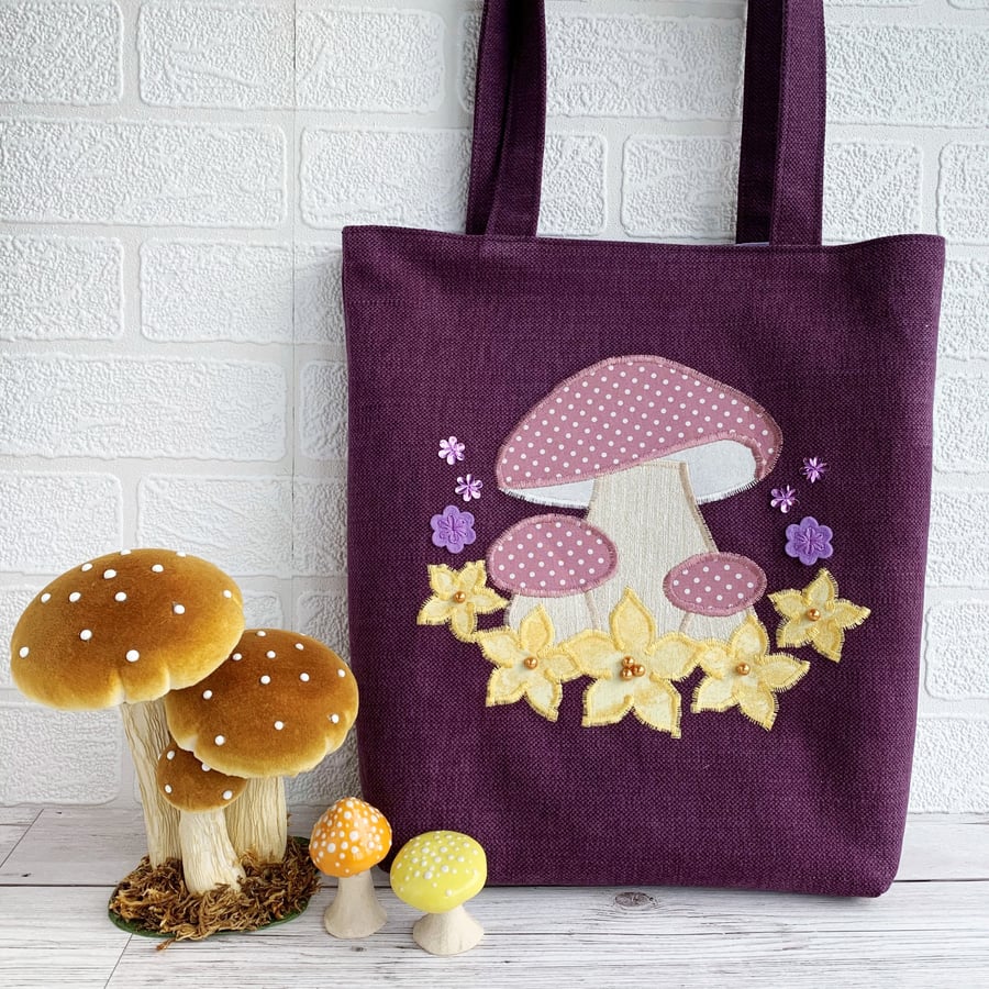 SOLD Purple Tote Bag with Mushrooms and Flowers