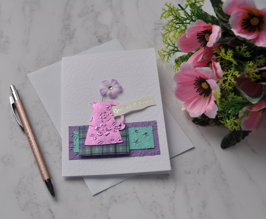 Get Well Soon Card Purple Water Jug with Flower 3D Luxury Handmade Card