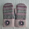 Mittens Created from Recycled Wool Jumpers. Fully Lined. Fair Isle Pink Cuff