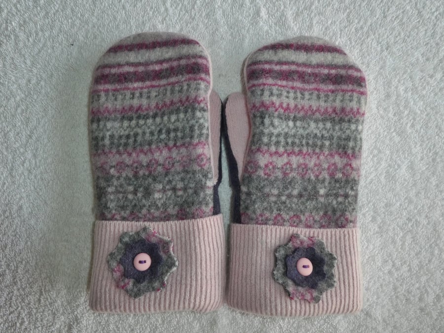 Mittens Created from Recycled Wool Jumpers. Fully Lined. Fair Isle Pink Cuff