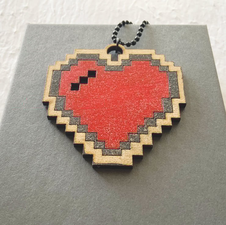 Pixel Heart pendant, 8-bit heart hand painted Folksy