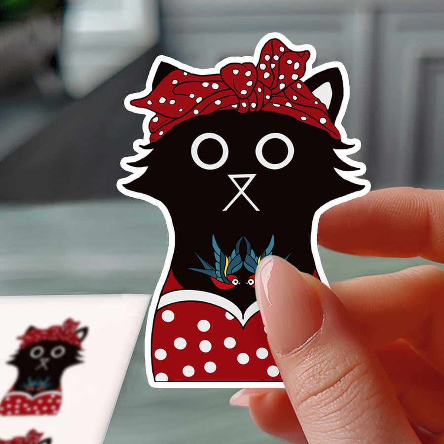 Rockabilly Cat Sticker, Black Cat Waterproof Sticker, Vinyl Decal for Cat Lovers