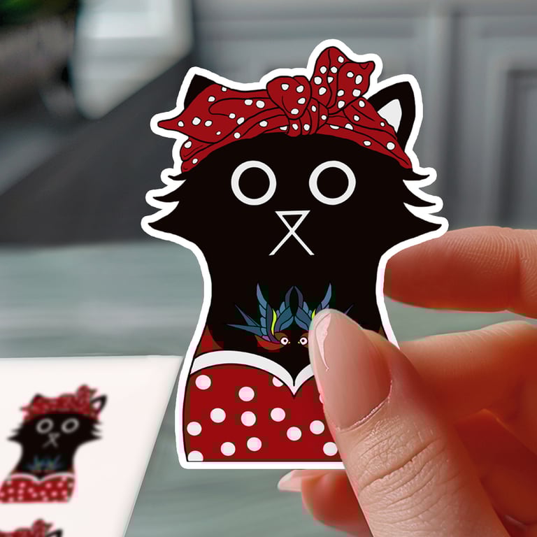 Rockabilly Cat Sticker, Black Cat Waterproof Sticker, Vinyl Decal for Cat Lovers