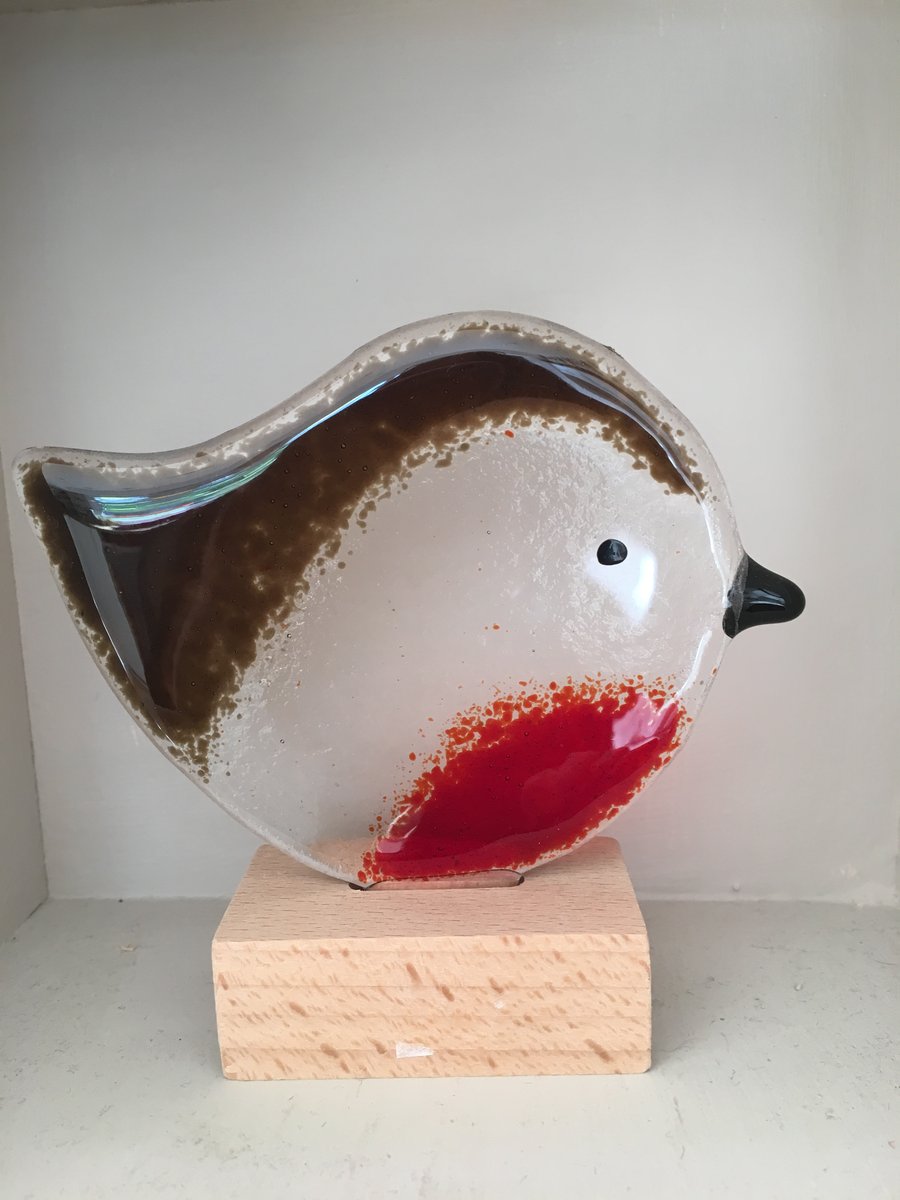 Handmade Fused glass robin with oak base