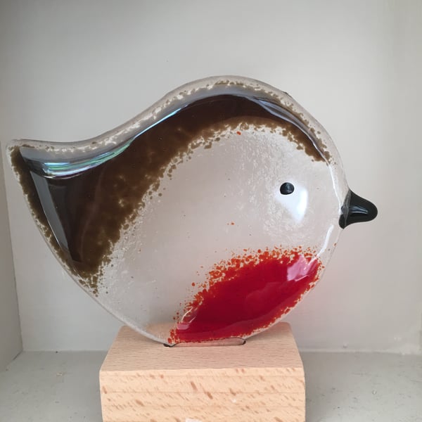 Handmade Fused glass robin with oak base