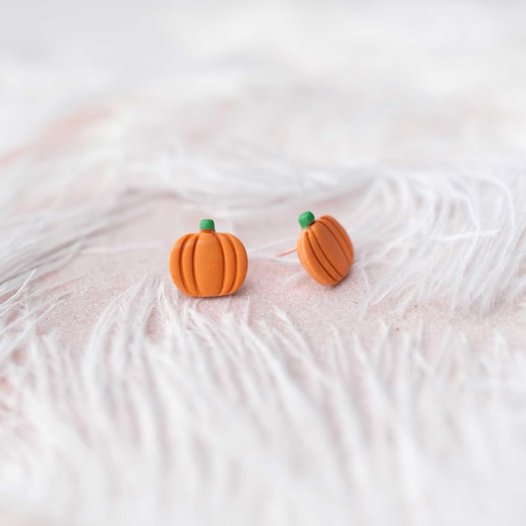 Handmade Polymer Clay Pumpkin Stud Earrings: Autumn Halloween Jewelry