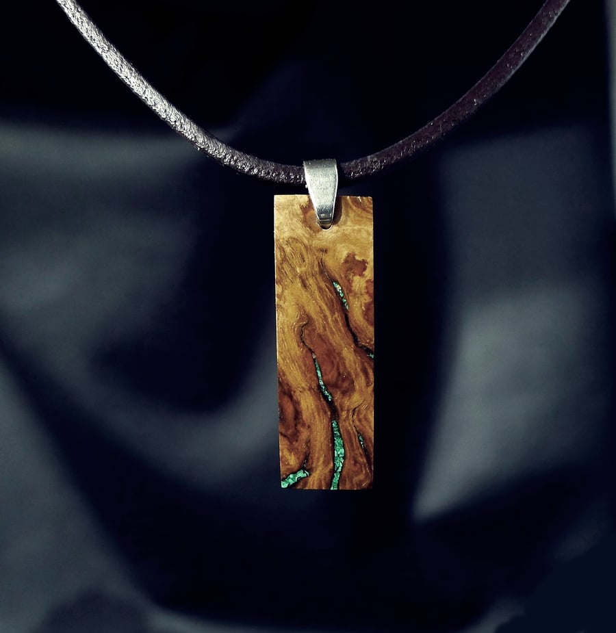 Small Oak Wood Rectangle Necklace With Real Malachite Stone Inlay