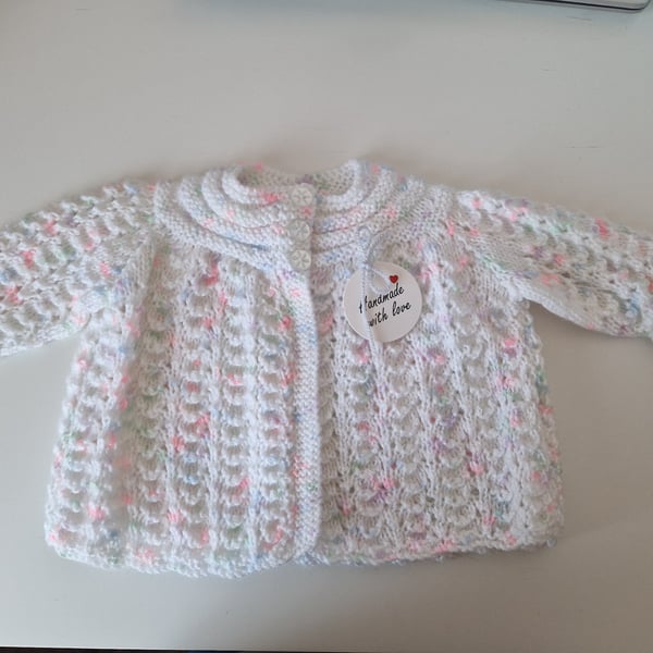 White and Fleck Hand Knitted Patterned Matinee Jacket