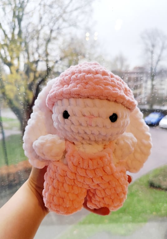 Handmade Crochet Bunny Plushie in Soft Pink Outfit