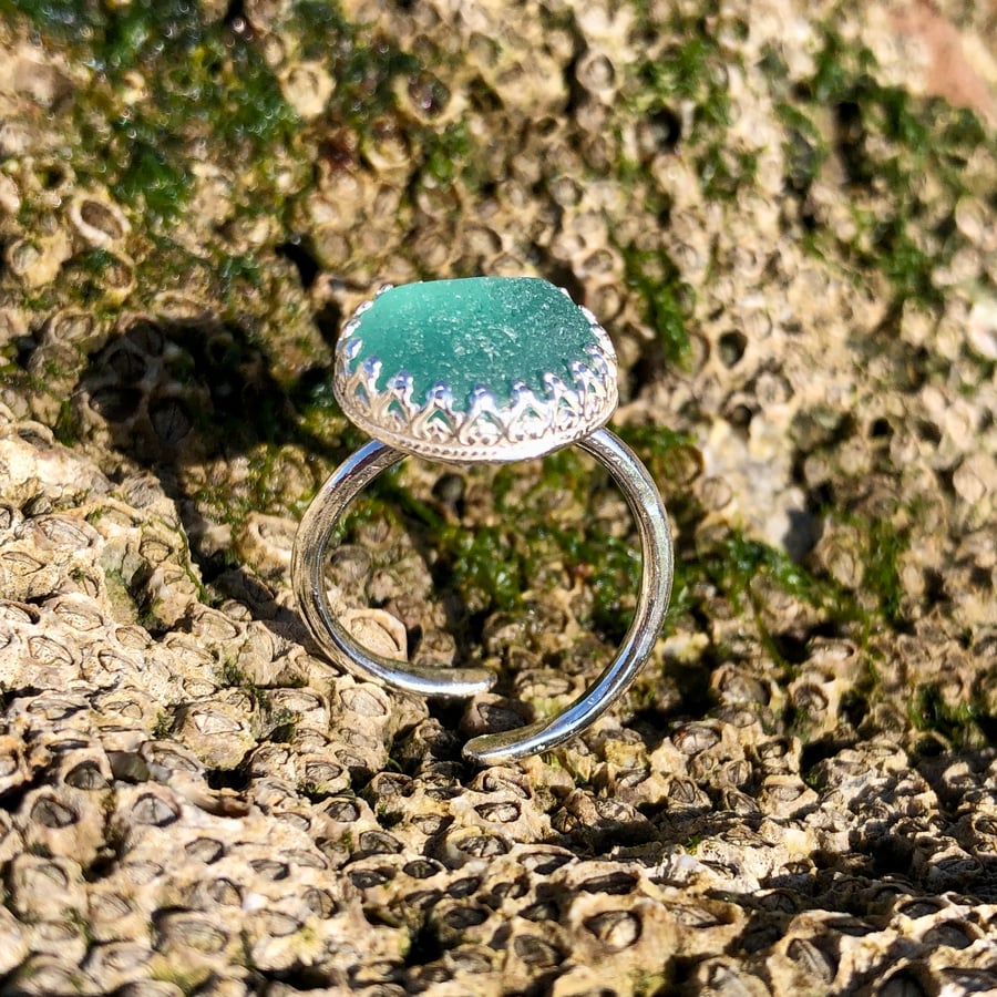 Adjustable Turquoise Statement Sea Glass and Sterling Silver Ring - 1064