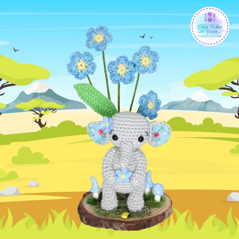 Crochet forget me not elephant sculpture. Elephant ornament.  Elephant gift.