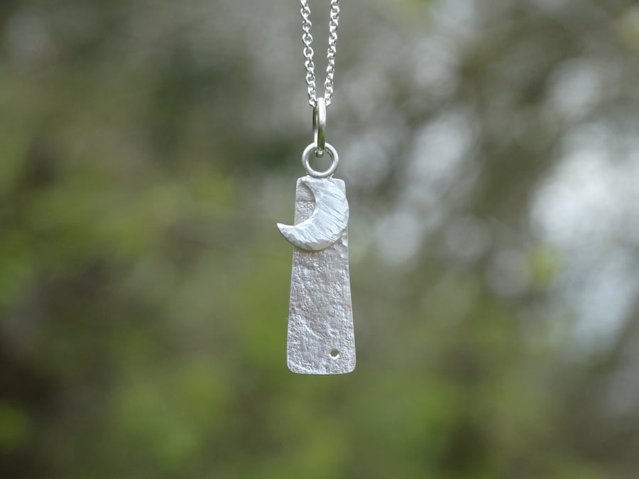 Recycled silver crescent moon and megalith amulet pendant