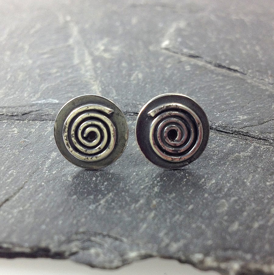 oxidised sterling silver spiral stud earrings