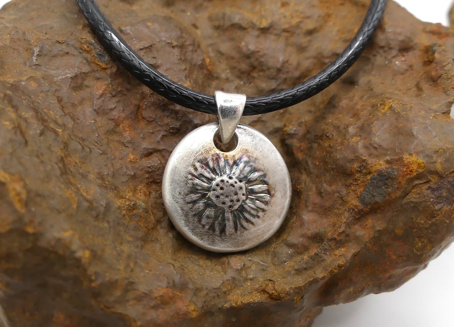 Recycled Sterling Silver Real Daisy Flower Mould Pendant Waxed Cotton Necklace.