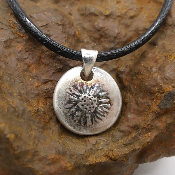 Recycled Sterling Silver Real Daisy Flower Mould Pendant Waxed Cotton Necklace.