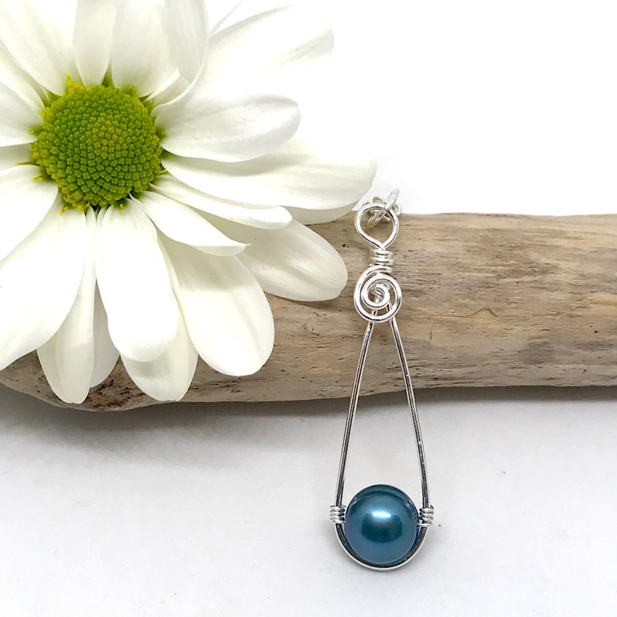 Silver Pearl Pendant Necklace, Teal