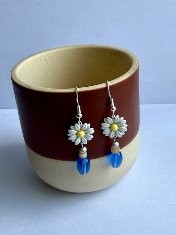 Metal Daisy, Glass and Gemstone Drop Earrings