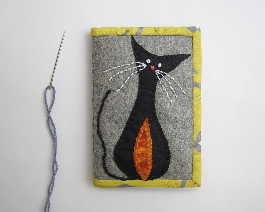 Needle case with mustard cat print appliquéd cat 
