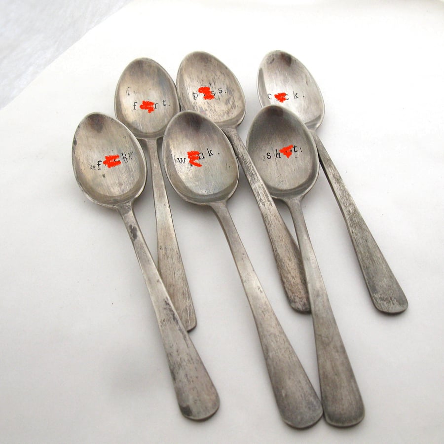 Set of six rude sweary insulting coffeespoons