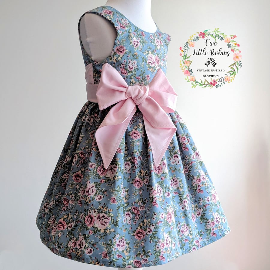 Girls Floral Tea Dress with Oversized Bow - Size 2