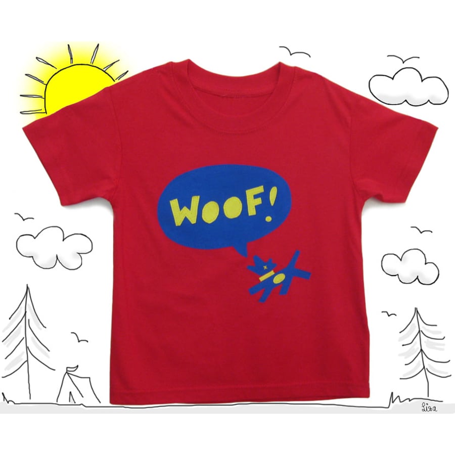Hand Appliquéd Woofy Dog T-shirt. Red 3-4y, 5-6y. Limited Edition