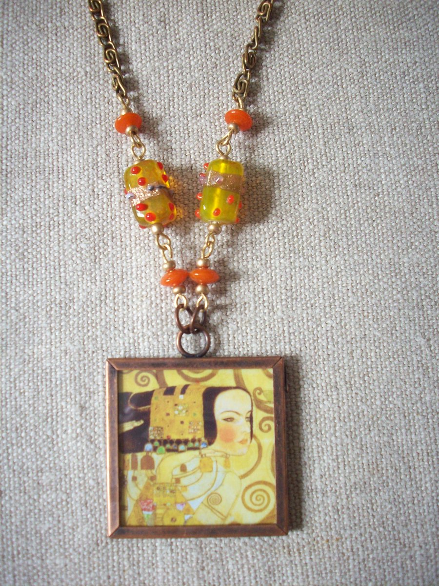 Gustav Klimt 'Expectation: Fulfilment' Art Necklace REVERSIBLE