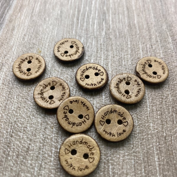 10Pcs x 15mm Handmade With Love Natural Coconut Shell Buttons