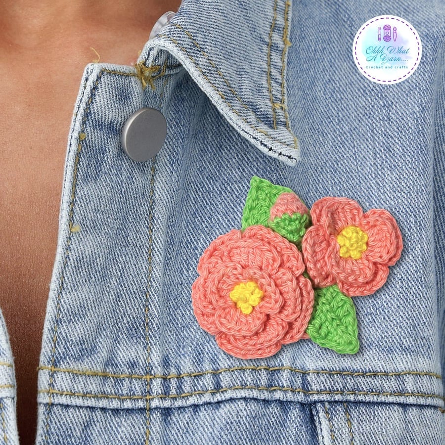 Crochet coral peony brooch, crochet peony corsage, flower brooch