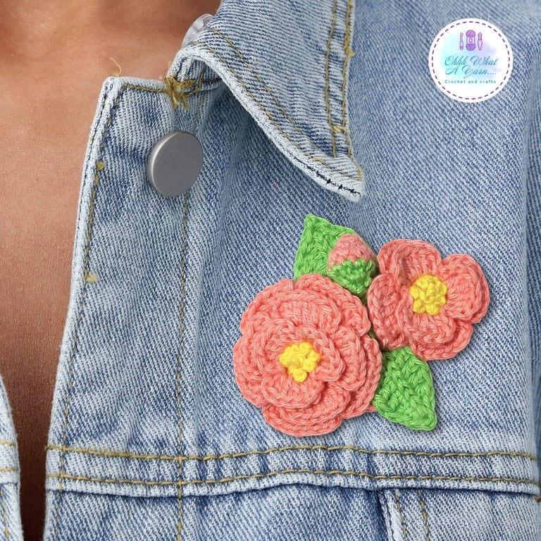 Crochet coral peony brooch, crochet peony corsage, flower brooch