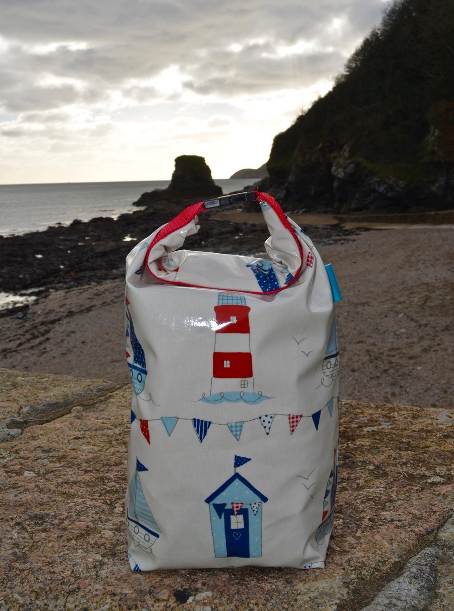 Medium Oilcloth Bag For Swimming and Gym in Seaside Hut Material