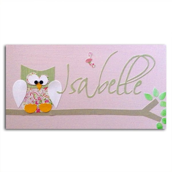Owl Personalised Door Sign, Girls Nursery Decor - Pink , Yellow , Purple, Blue, 