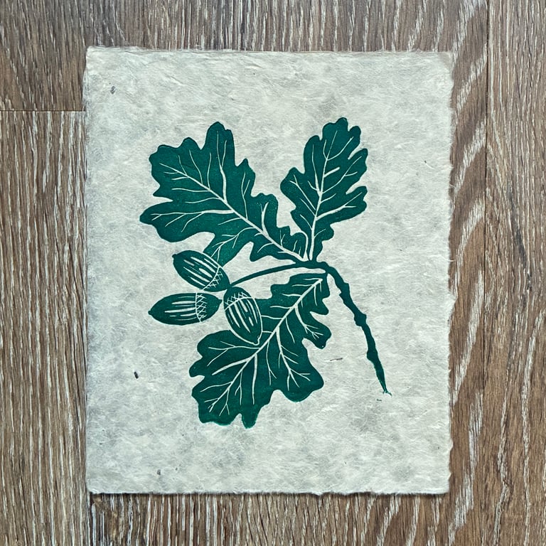 PERFECTLY IMPERFECT Oak leaf and acorn original linocut print in forest green