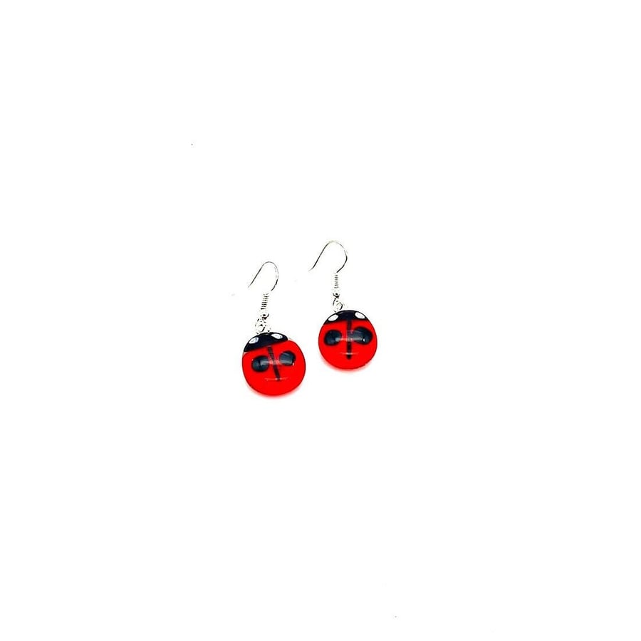 Glass Ladybug Dangle Earrings Red, Black & White Insect Jewellery