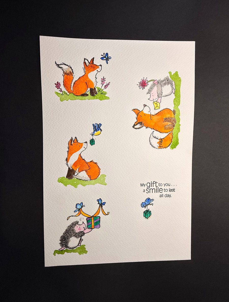 A4 card topper page using Penny Black stamps - Three foxes plus bonus image