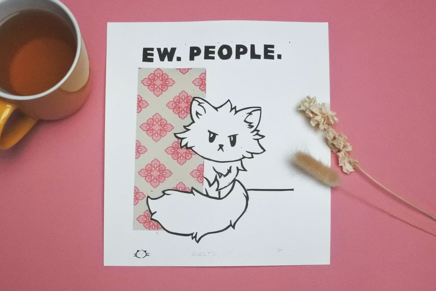 Guests - Ew. People with a cat linoprint