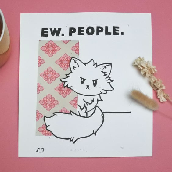 Guests - Ew. People with a cat linoprint
