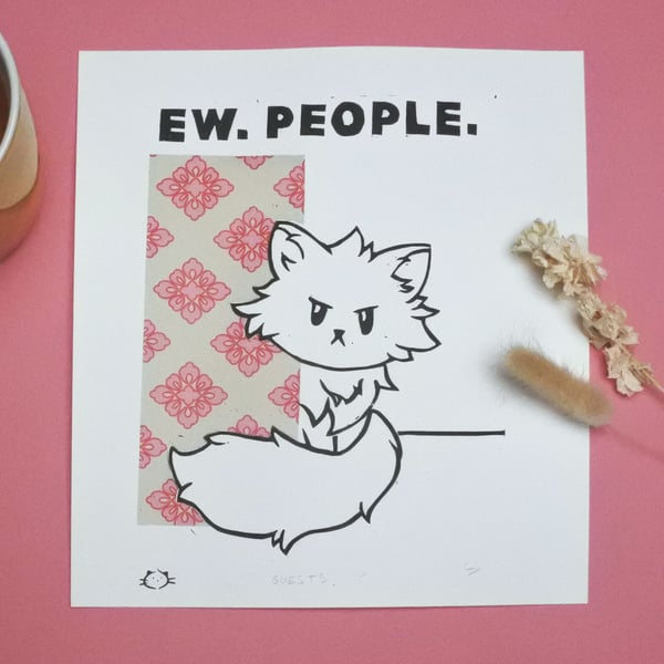 Guests - Ew. People with a cat linoprint