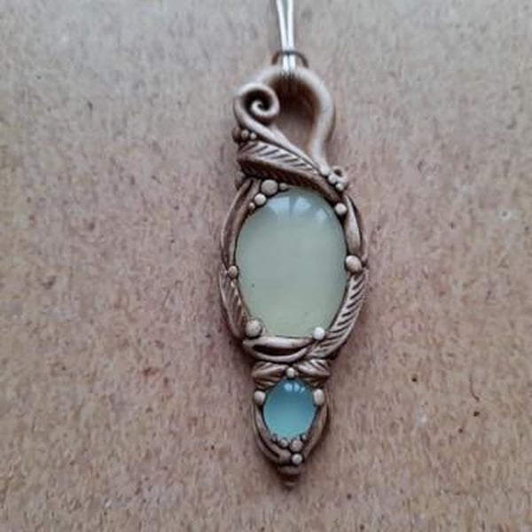 Bowenite and Aqua Chalcedony Crystal and Polymer Clay Amulet Pendant