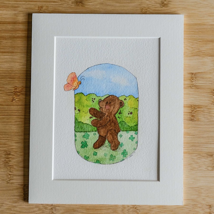 Watercolour Teddy Bear Illustration - Butterfly kisses 